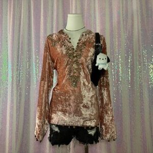 rose pink crushed velvet beaded long sleeve blouse